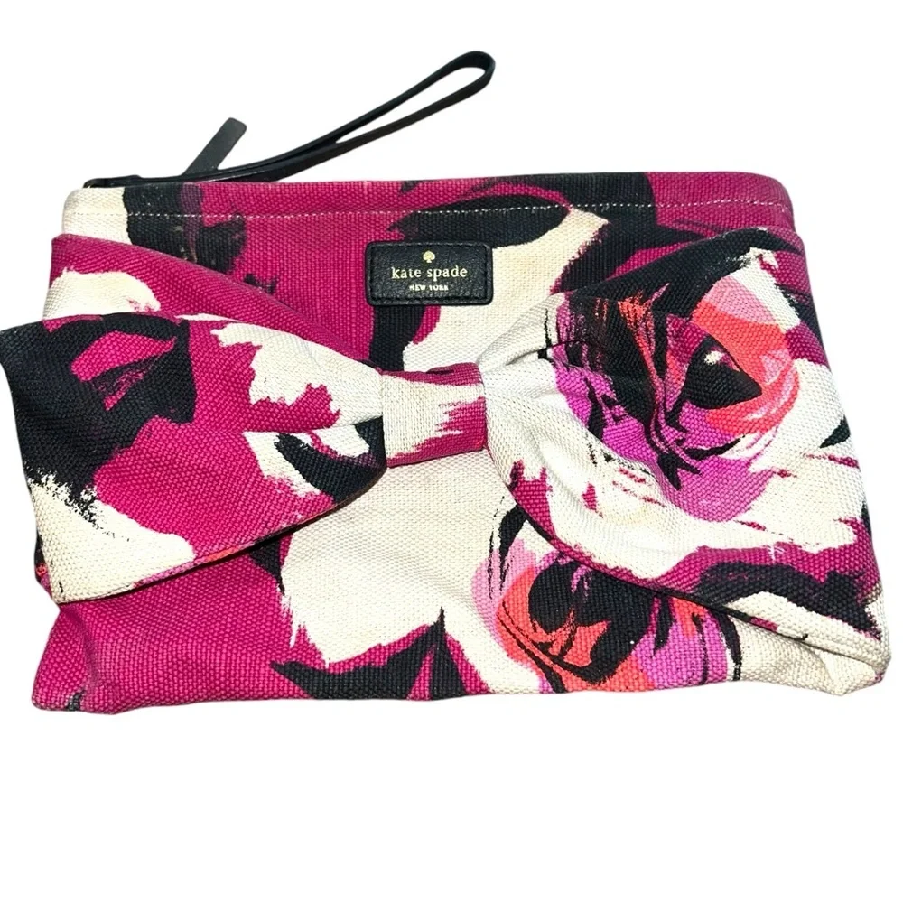 Kate Spade canvas floral bow clutch leather handle zipper closure wristlet - Picture 8 of 11